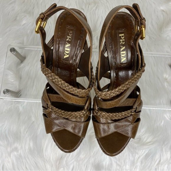 Prada Women's Brown Designer Braided Leather Strappy Luxury Heels IT 37.5 / US 7 - Picture 6 of 17